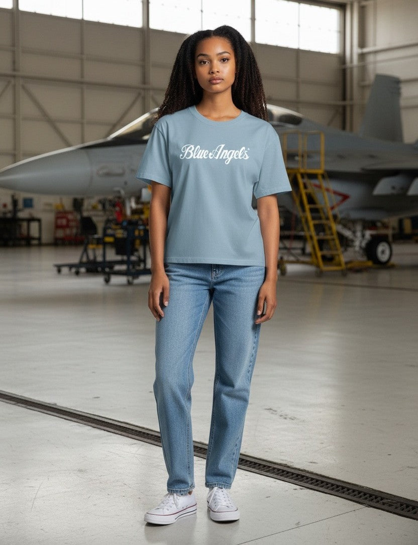 Blue Angels Script Women's Blue Heavyweight Tee